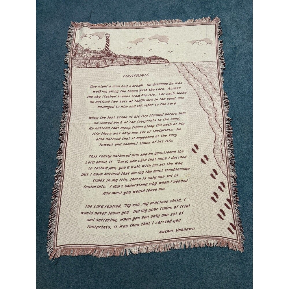 Vintage FOOTPRINTS Poem Throw Blanket Afghan Red White Fringe 72” x 48”